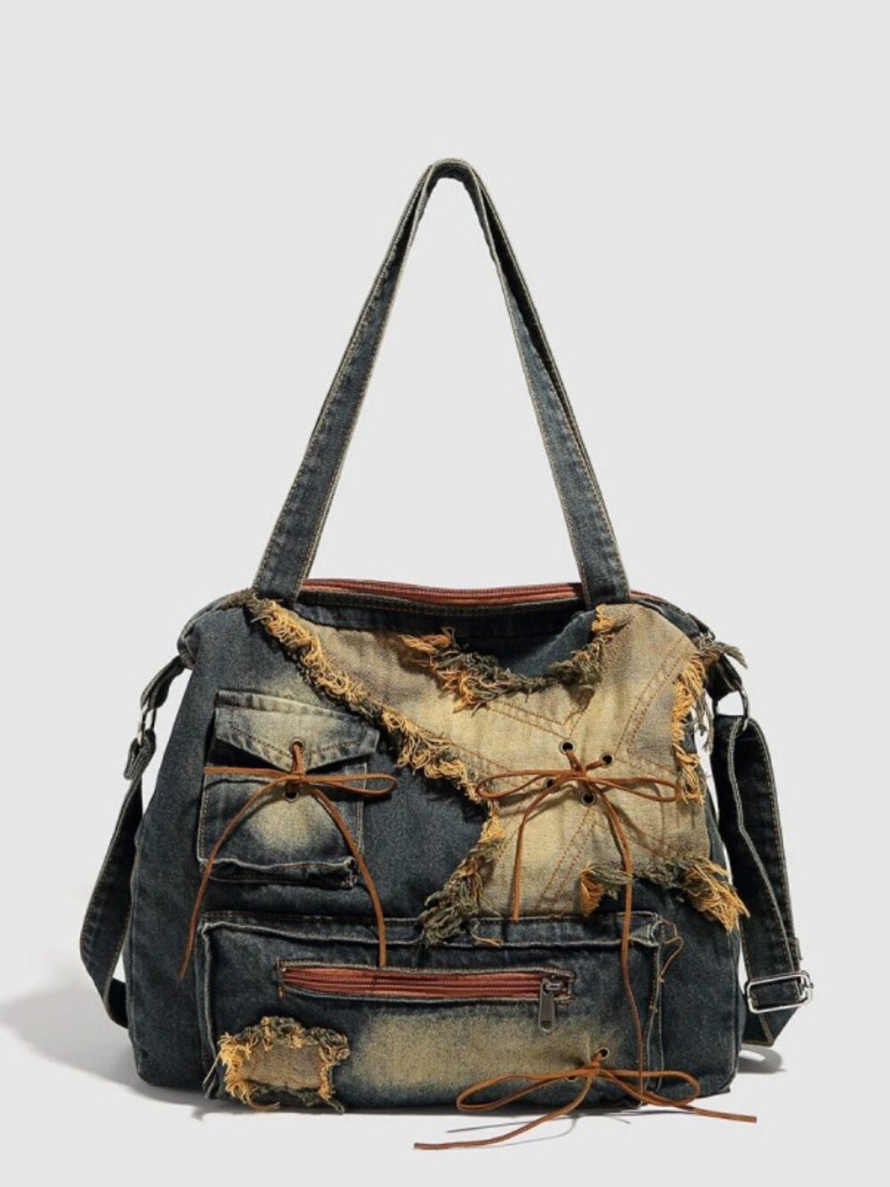 Vintage Y2K Steampunk Washed Ripped Denim Shoulder Crossbody Bag for Women.